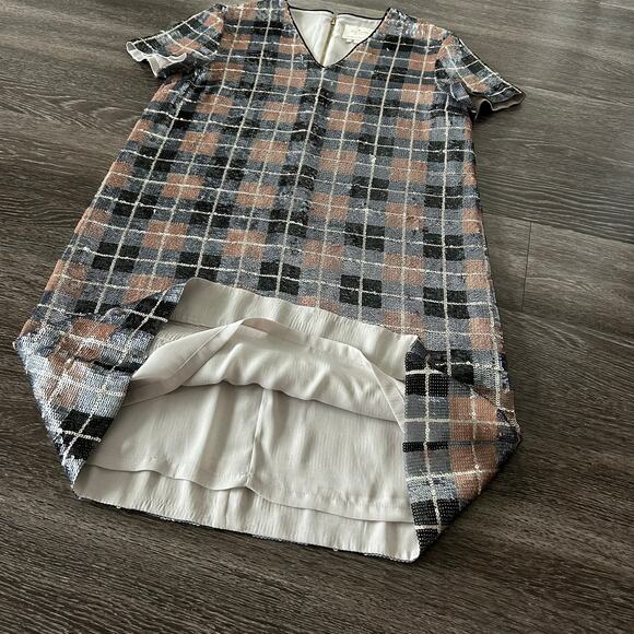 NWOT Kate Spade Sequin Plaid Shift Dress Pumice 4 V Neck Short Sleeve Party Mini - Picture 11 of 16